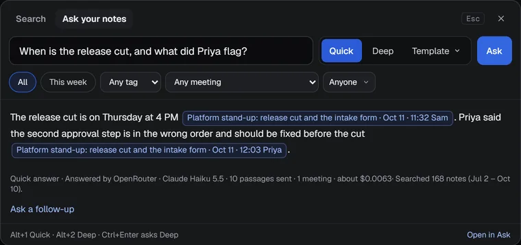 The Ask your notes tab of the search window: a question, the Quick, Deep and Template control, a short answer with two blue citations, and Open in Ask at the bottom.