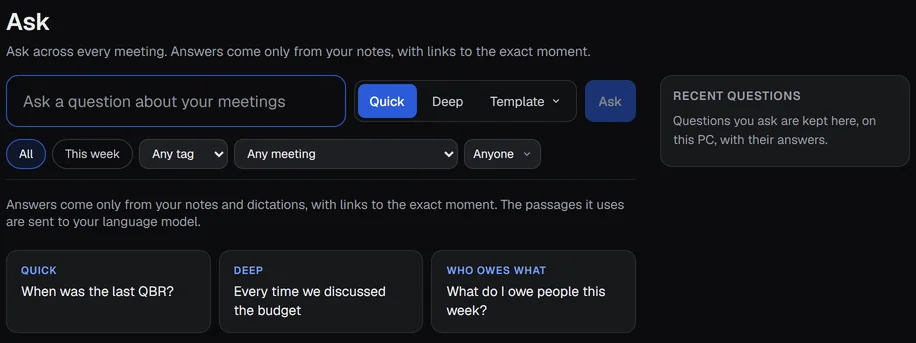 The Ask page with nothing asked yet: three example questions, Quick When was the last QBR, Deep Every time we discussed the budget, and Who owes what What do I owe people this week.