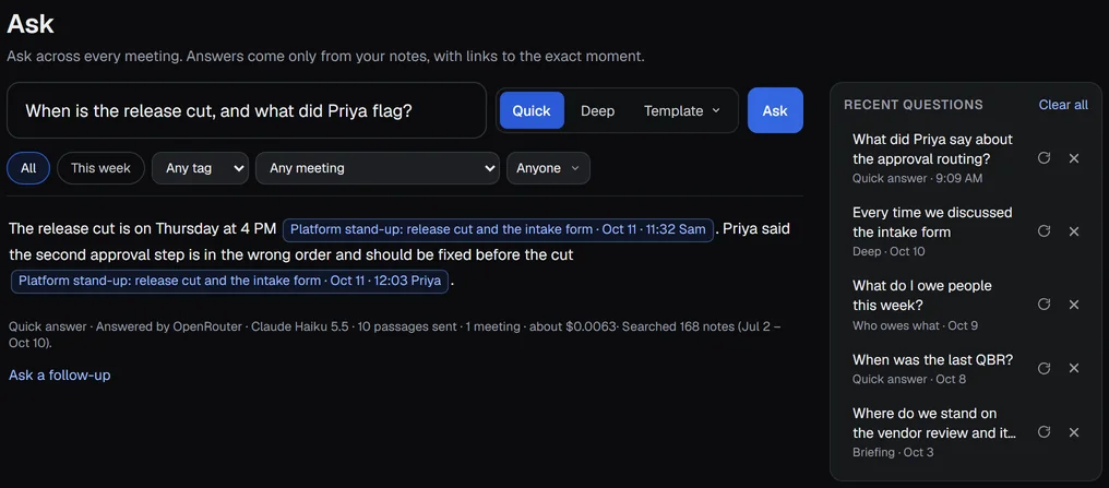 The Ask page: the question box with Quick, Deep and Template and the Ask button, the filters, an answer with two blue citations, and the Recent questions column on the right.