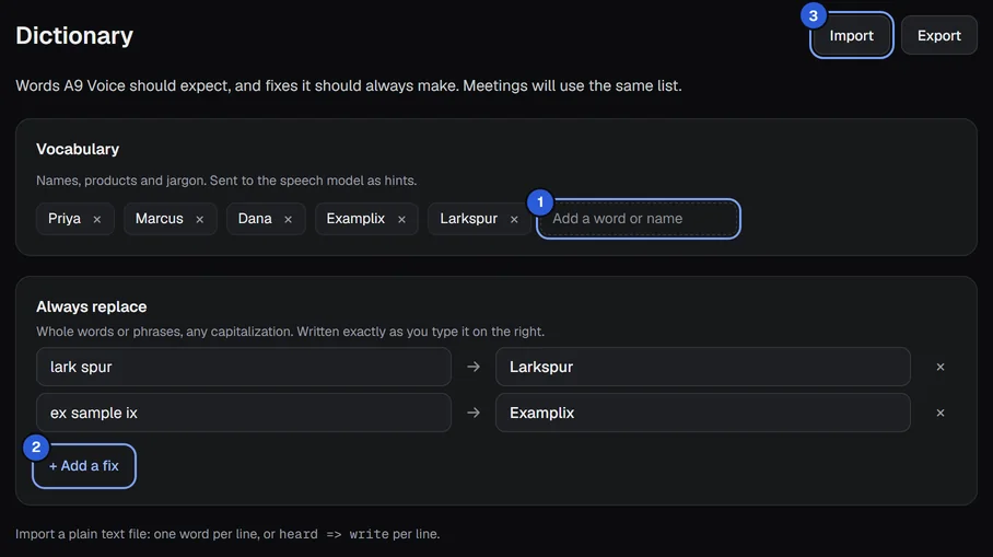 The Dictionary screen: the Vocabulary box, the Always replace list, and the Import and Export buttons, numbered