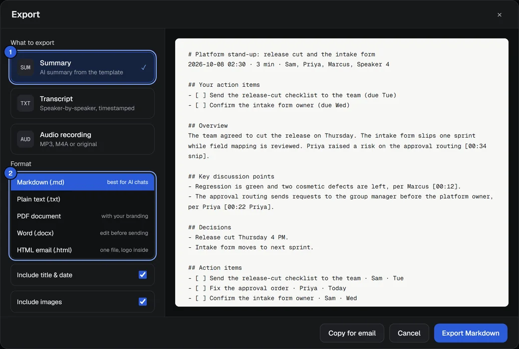 The Export window on its first screen
