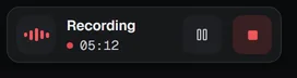 The recording bar: a level meter, the word Recording, a timer, Pause and Stop