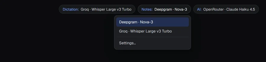 The three model chips at the top of the window with the Notes menu open