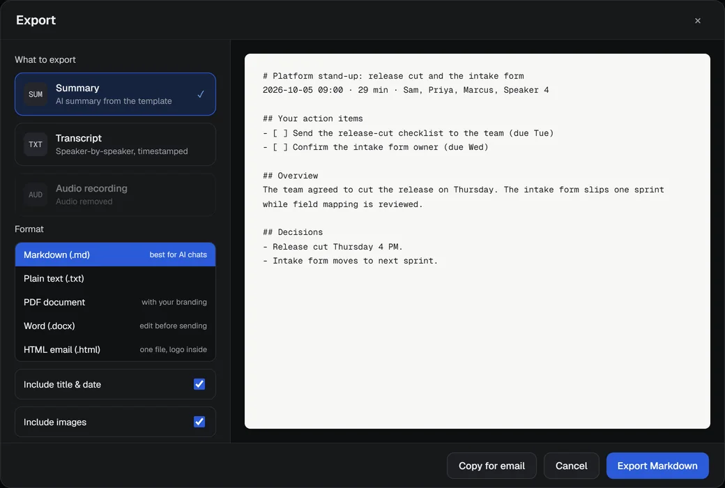 The Export window: choose Summary, Transcript or Audio recording, a format, and a preview