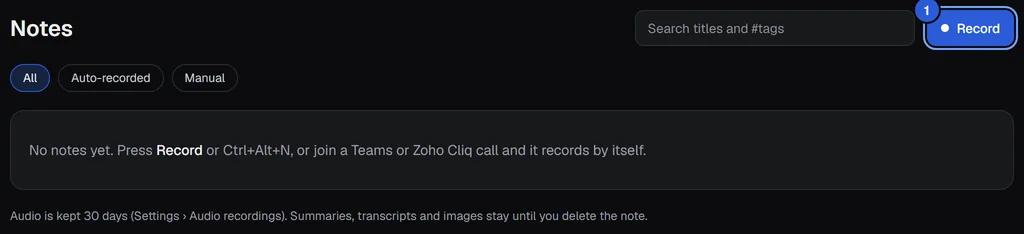 The Notes page with no notes yet and the Record button numbered 1