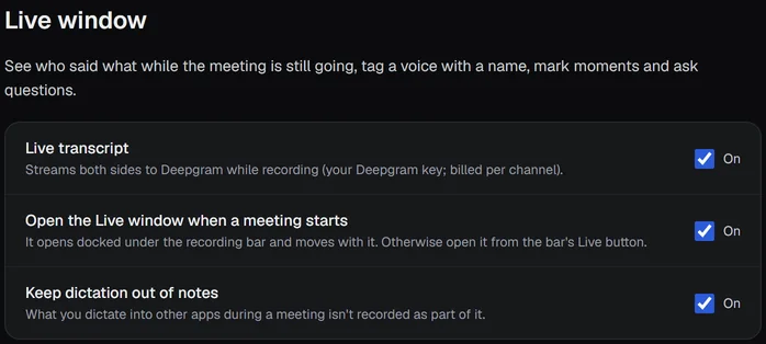 Settings, Notes, Live window