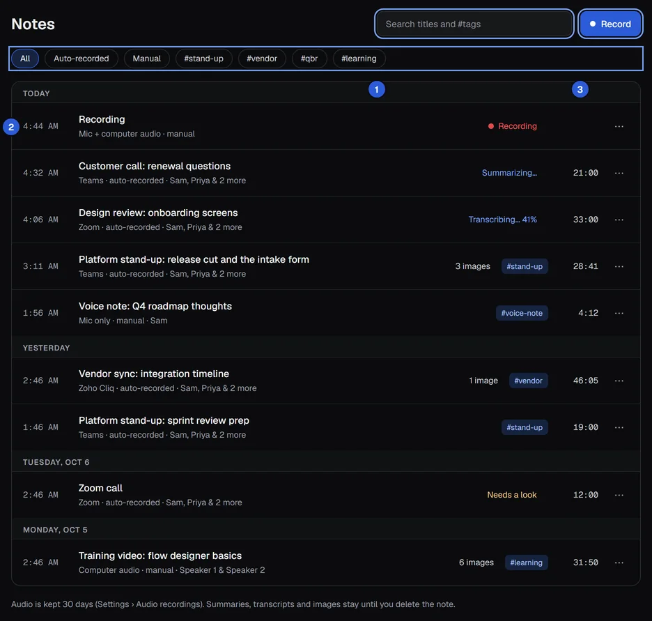 The Notes list: a search box, filter chips and notes grouped by day