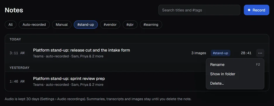 A filtered list with a row's menu open