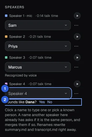 The speaker list with names, a suggestion and a note that one was recognized by voice