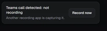 The bar saying a call was detected but not recorded, with a Record now button