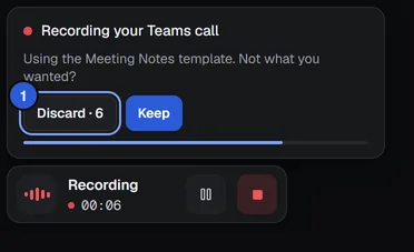 The notice card: Recording your Teams call, with Discard and Keep