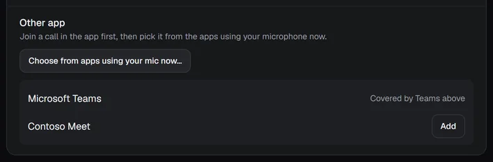 The Other app picker listing apps that use the microphone right now