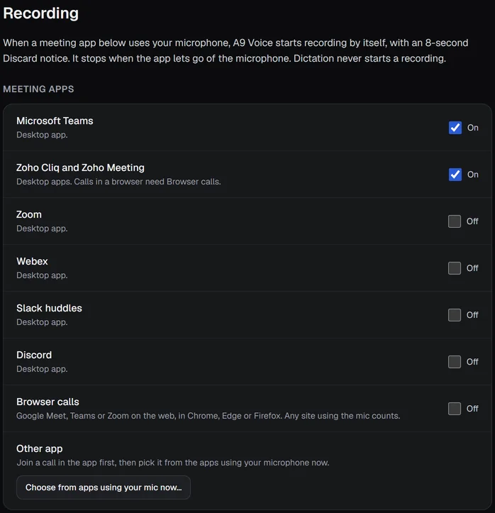 The Meeting apps list in Settings, Notes, Recording