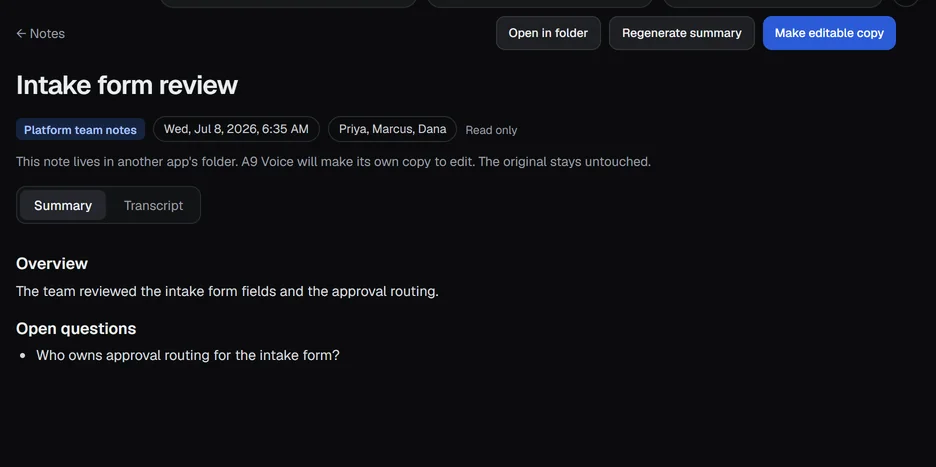 A note from an added folder: the folder badge Platform team notes, Read only, and the buttons Open in folder, Regenerate summary and Make editable copy.