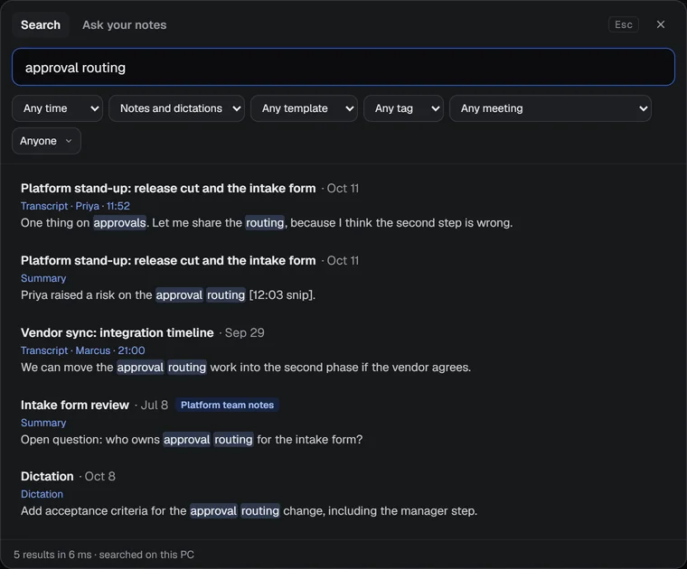 The Search tab with approval routing typed in, the filter row and five results with the matching words highlighted. The last result says Dictation.