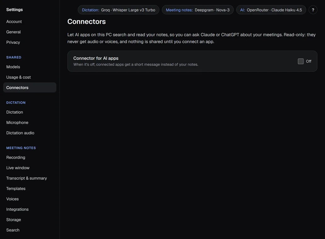 Settings › Connectors: the switch and the ways to connect an app.