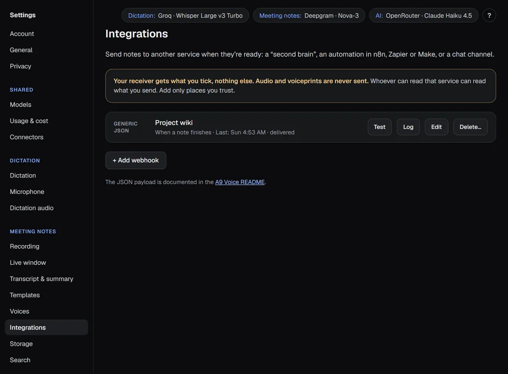 Settings › Integrations: a webhook with its Test, Log, Edit and Delete buttons.