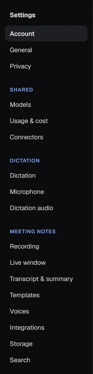 The Settings list: Account and General, then Shared, Transcribe and Notes.