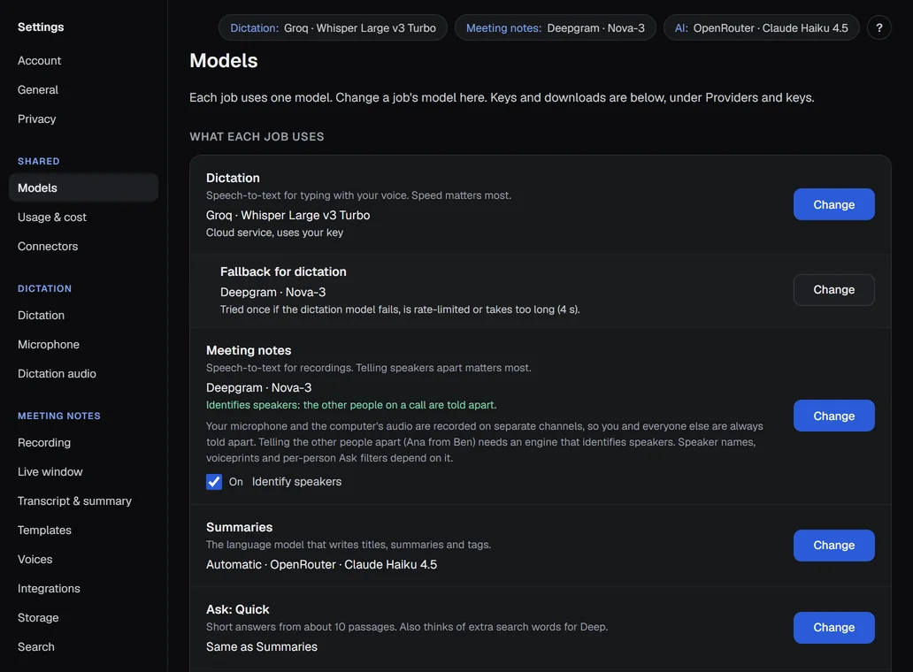 Settings › Models: a row per job, then the provider cards.