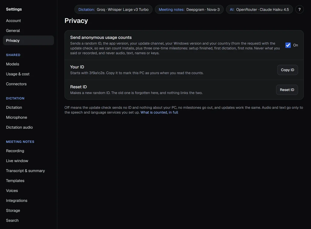 Settings › Privacy: the usage-counts switch, the ID with Copy ID, and the Reset ID button.