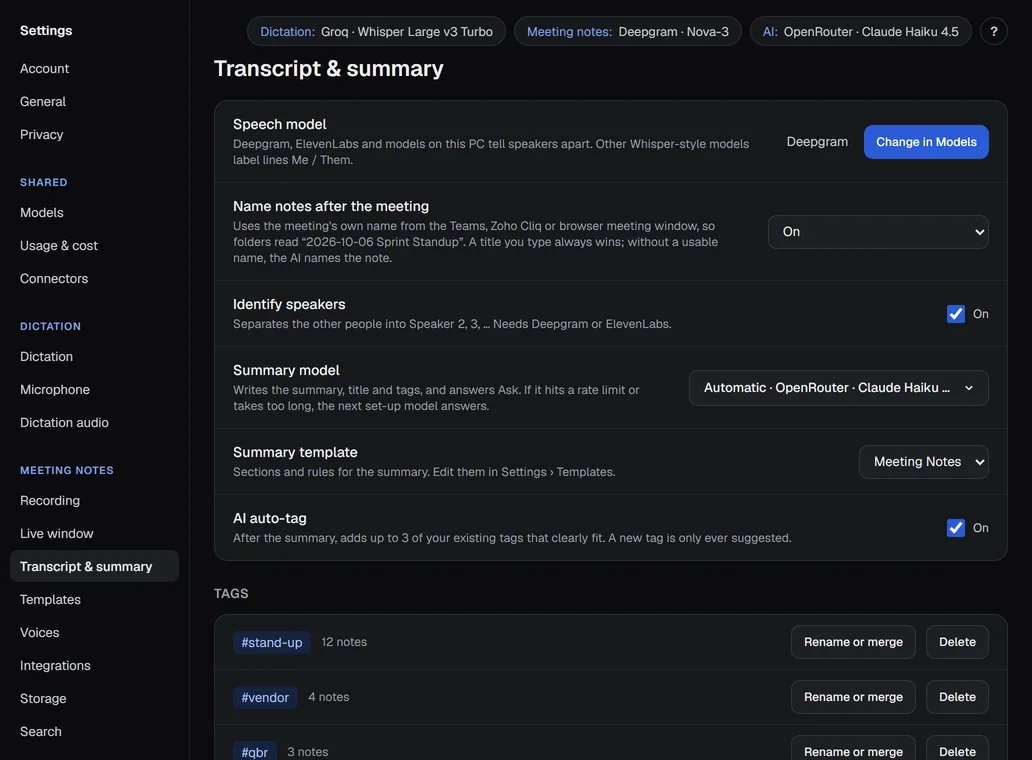 Settings › Transcript & summary: the speech model, summary model and template.