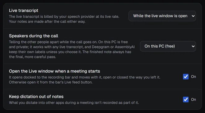 Settings › Notes › Live window with Speakers during the call set to On this PC (free).