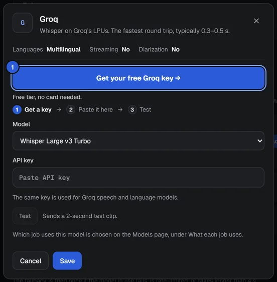 The Groq window with no key yet