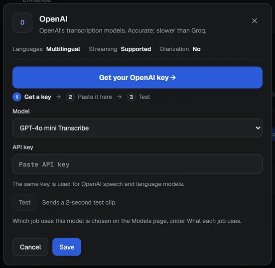 The OpenAI window with no key yet