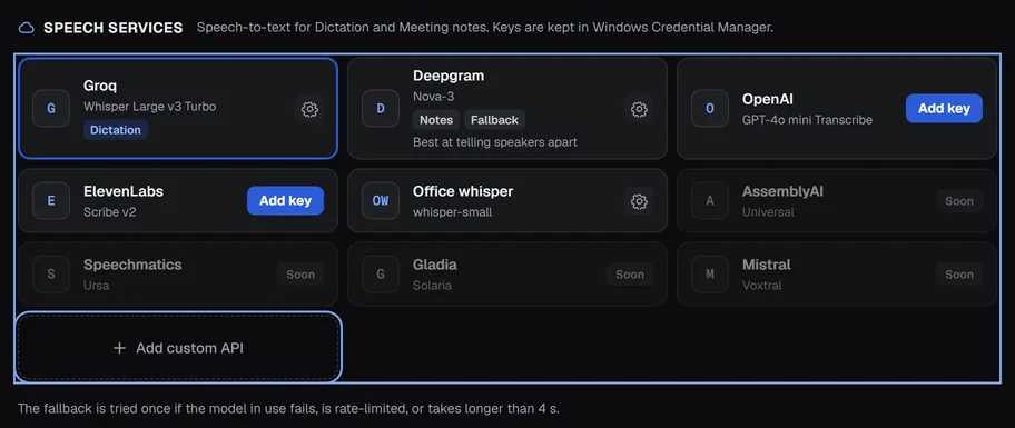 The speech services under Providers and keys