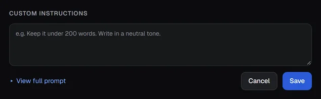 Custom instructions with Cancel and Save