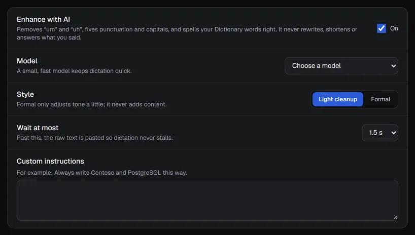 The Enhance with AI card, switched on: model, style, wait time and custom instructions
