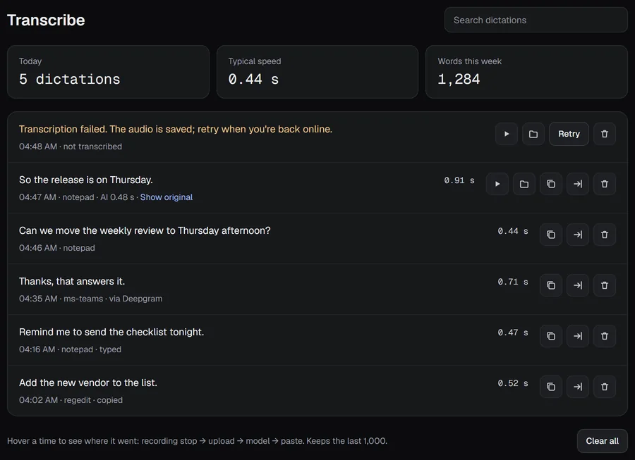 The Transcribe screen: totals, then a failed row with Retry, an enhanced row, and rows typed or copied