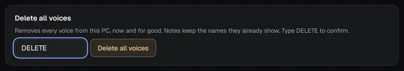 The Delete all voices box with DELETE typed in the confirmation field.