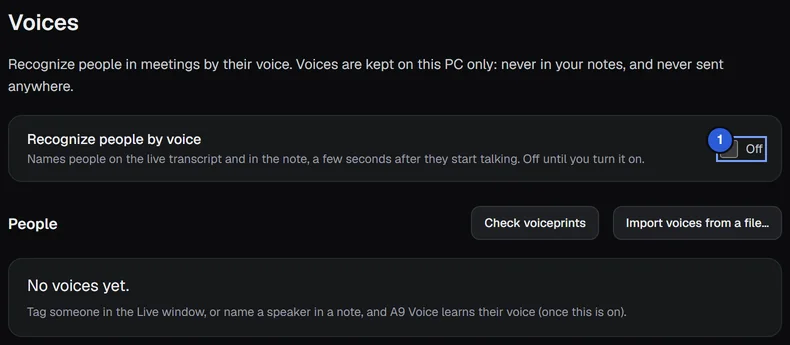 The Voices page with Recognize people by voice switched off and no people yet. The switch is marked 1.