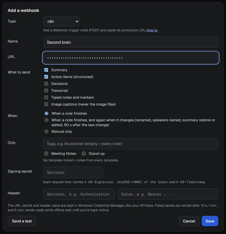 The Add a webhook form with Type n8n, a Name, a hidden URL, the What to send ticks, When, Only, Signing secret and Header, filled in.
