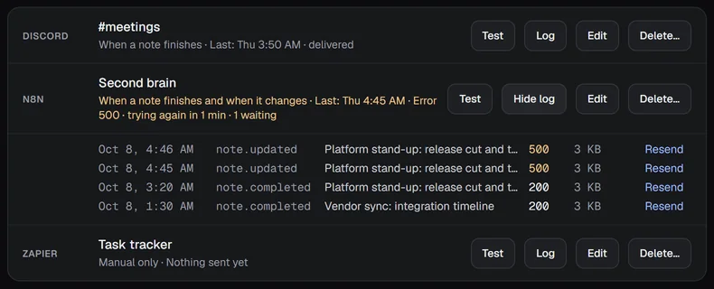 The delivery log for the n8n webhook: four lines with event, note title, status 500 or 200, size and Resend.