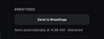 The note page's webhook section: the name #MEETINGS, the button Send to #meetings and the line Sent automatically at 3:58 AM, delivered.