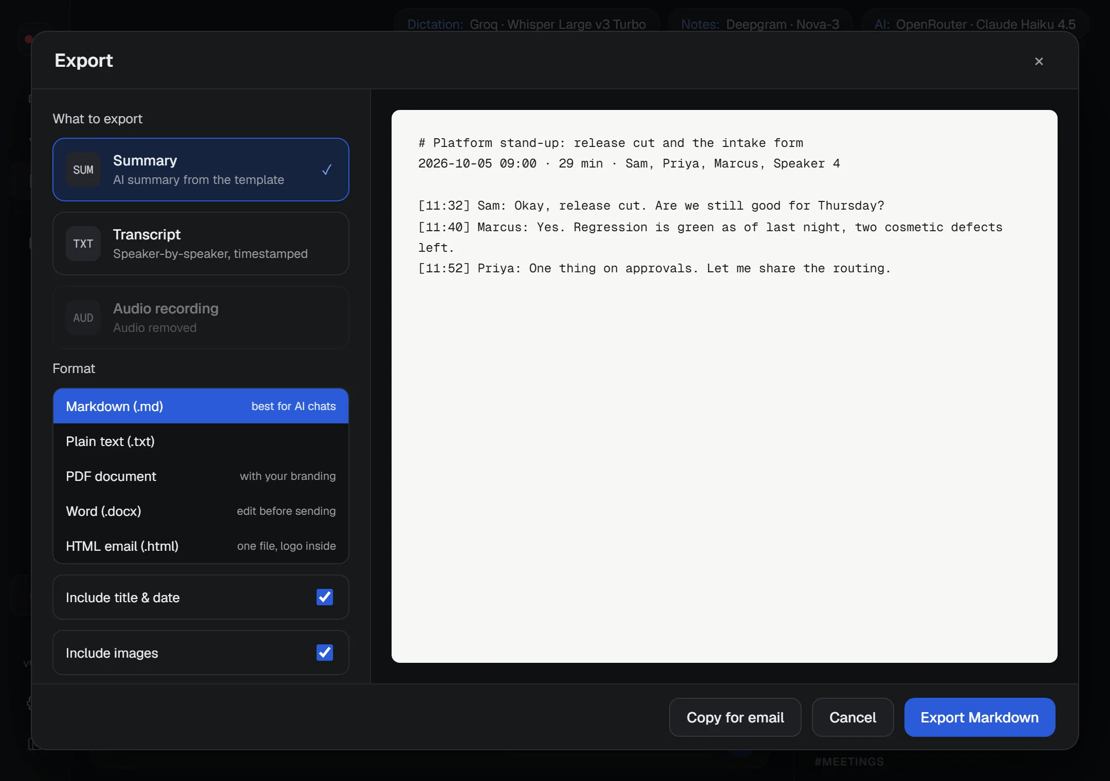 The Export window with a preview of the summary and the formats to choose from.