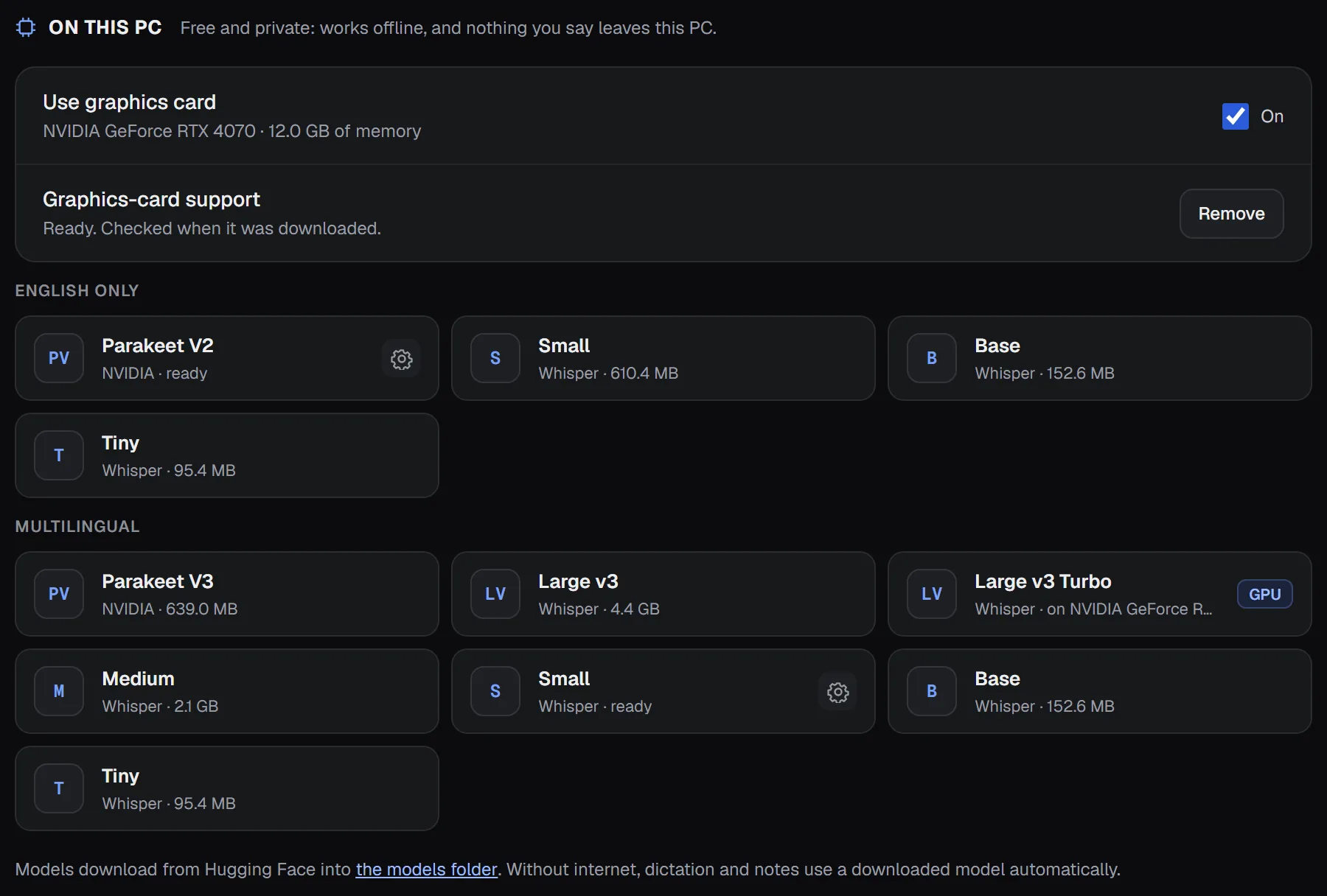 Speech models: cloud providers and, under On this PC, downloaded models with a graphics card in use.