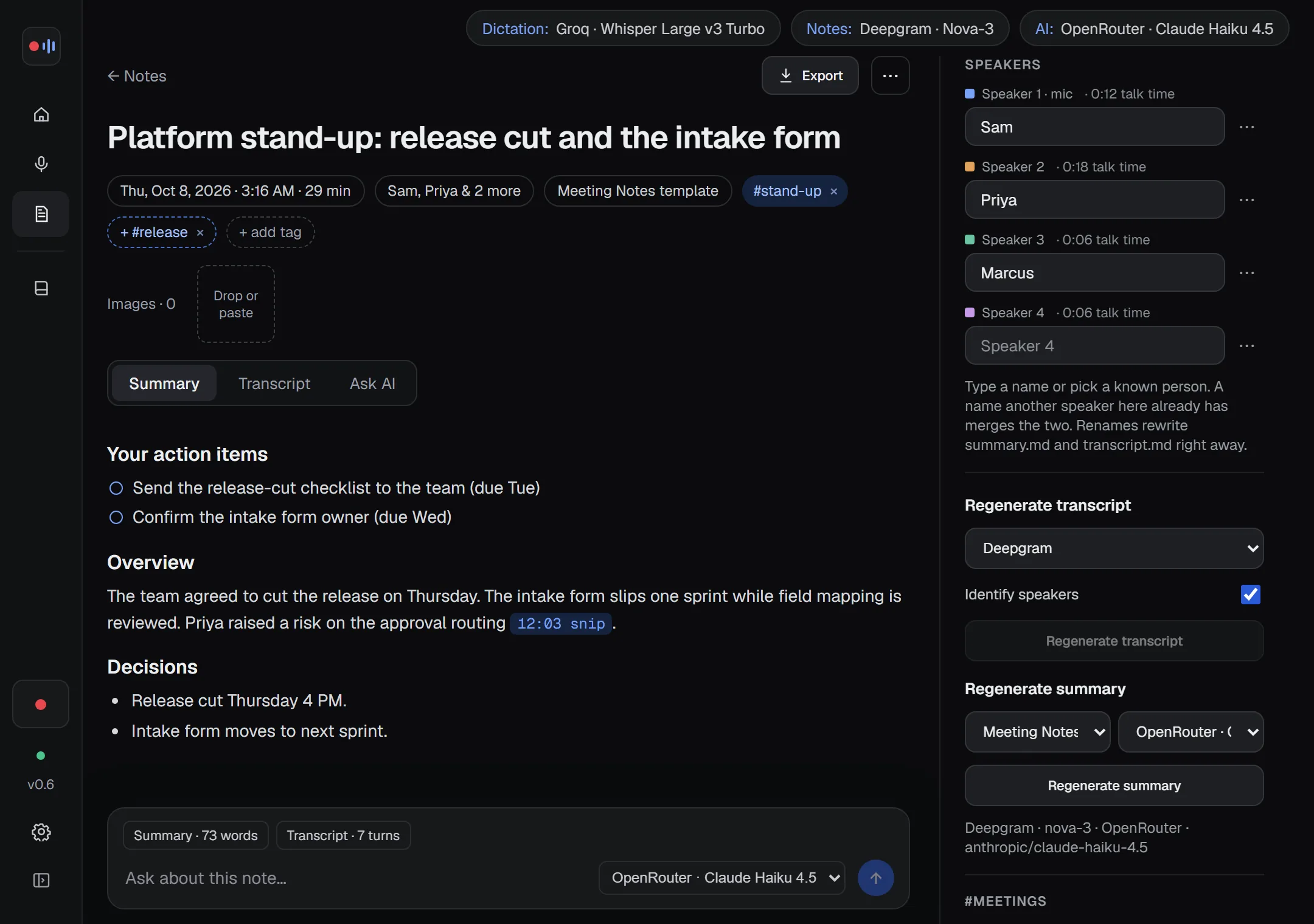 A note page: title, speakers, your action items, overview and decisions with a time and a name.