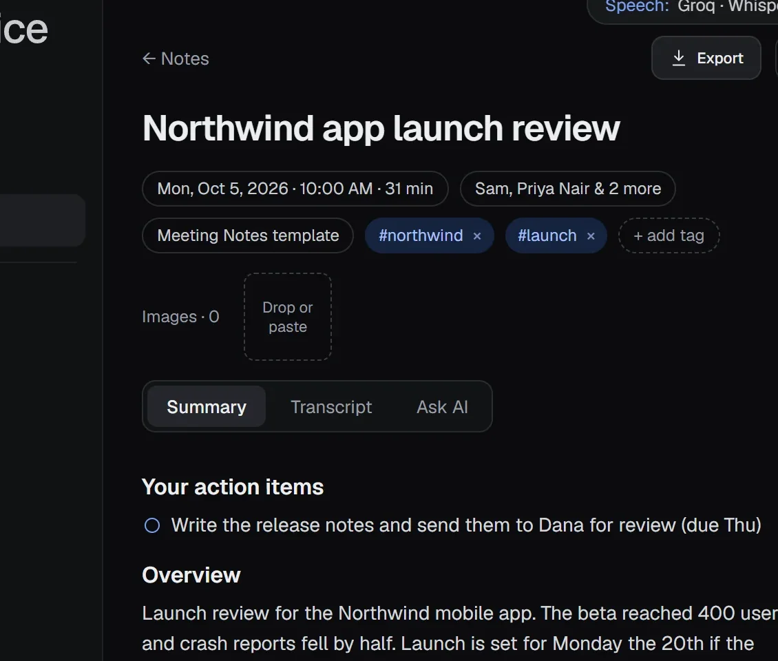 A9 Voice note page: your action items, overview, decisions