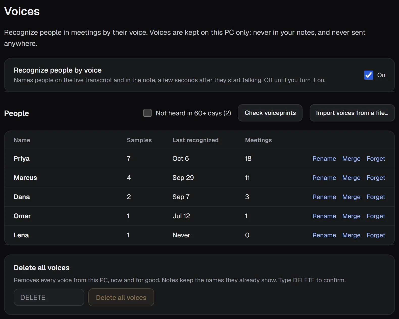 The Voices page: people the app has learned, when each was last recognized, and the buttons to rename, merge or forget.